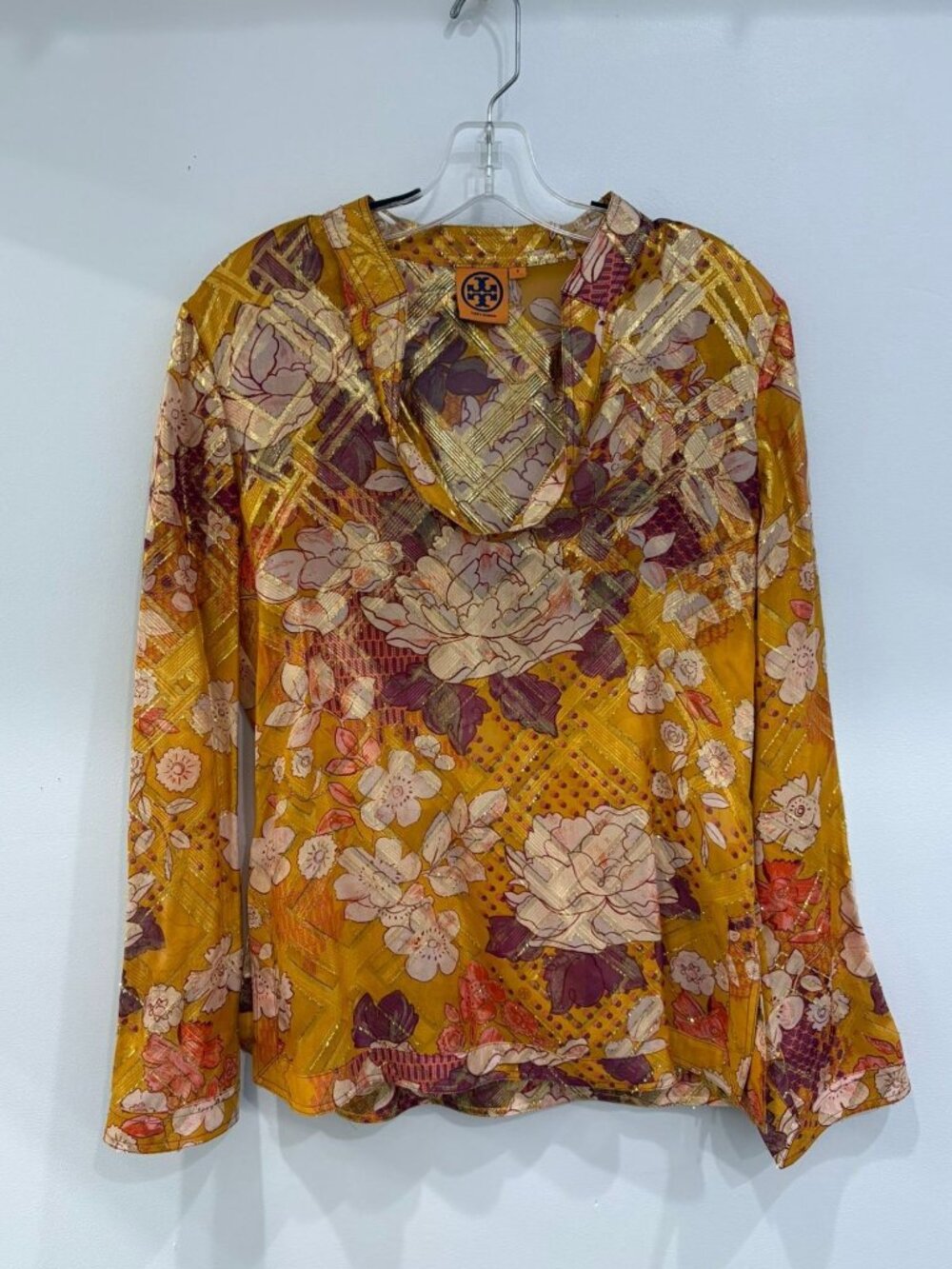 Tory Burch Silk Blend Gold Floral Metallic Sheer Tunic Blouse Size 8